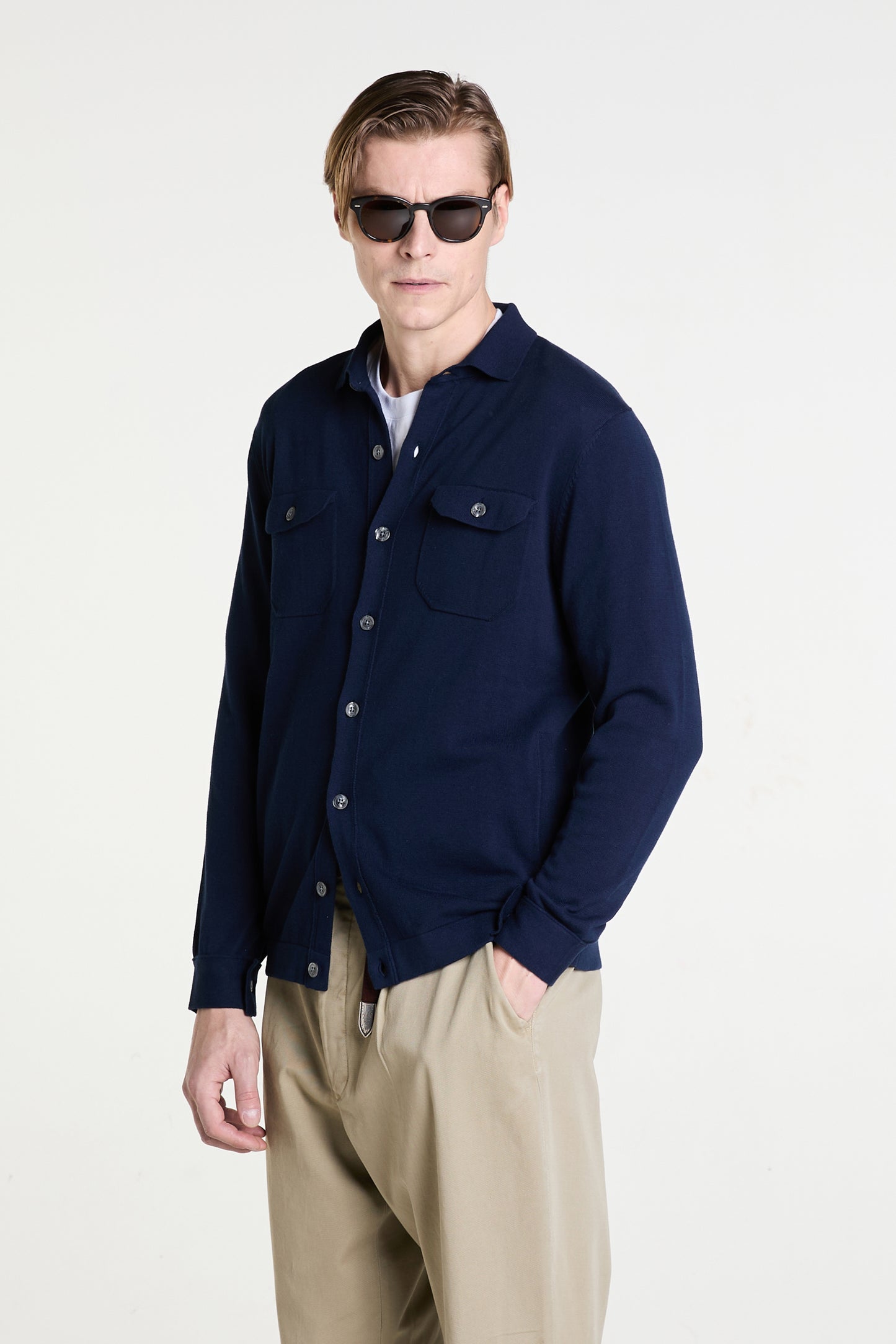 Navy Knitted Overjacket in Superfine Cotton Crèpe