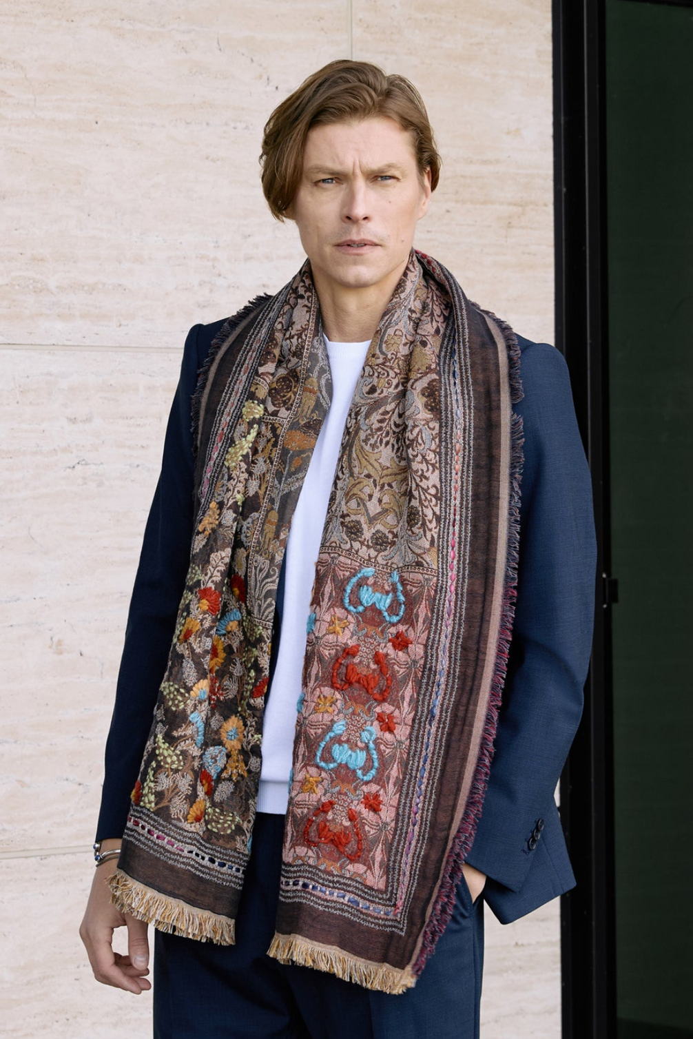 Handmade Embroidered Floral Scarf | Teal
