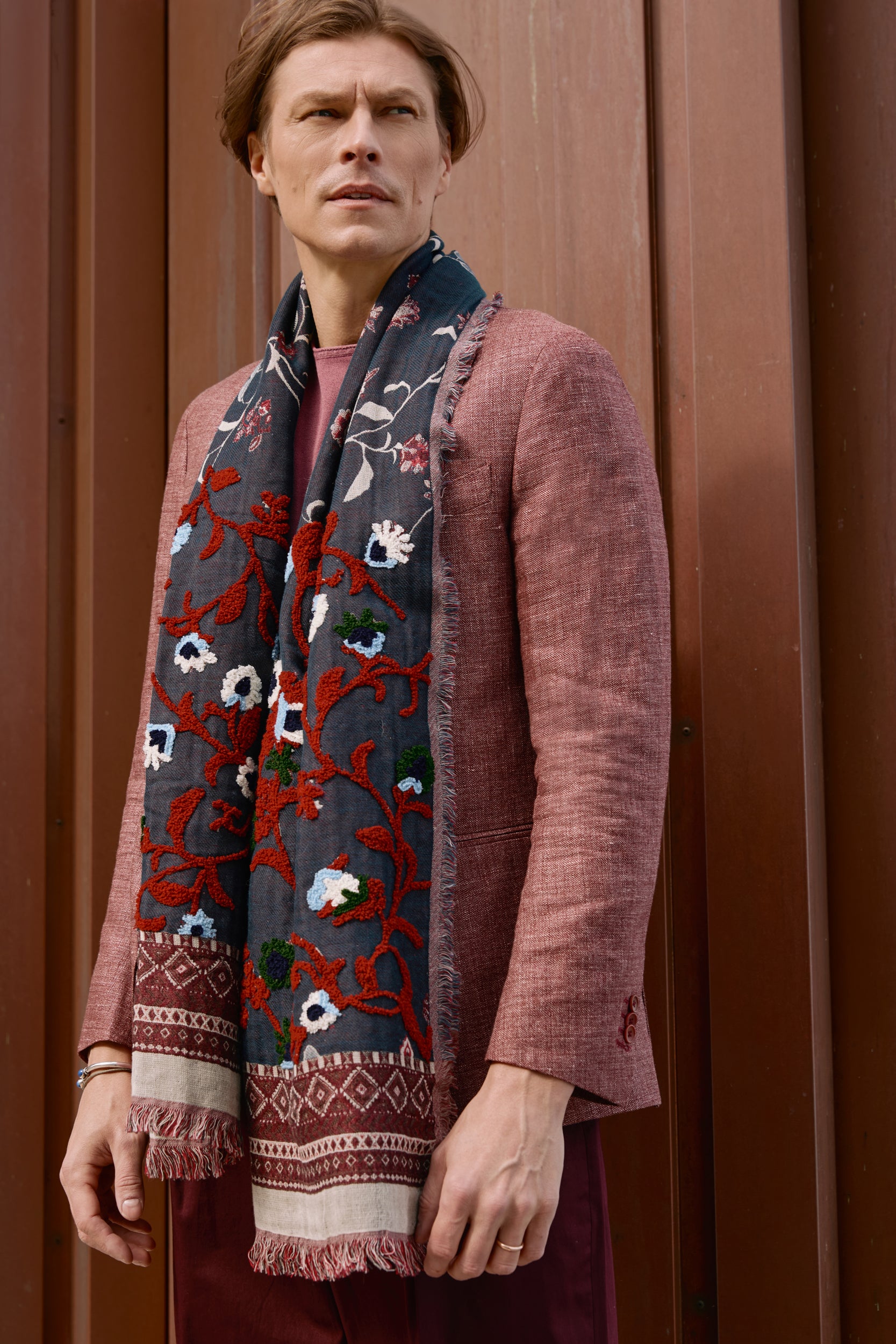 Handmade embroidered floral scarf | Navy
