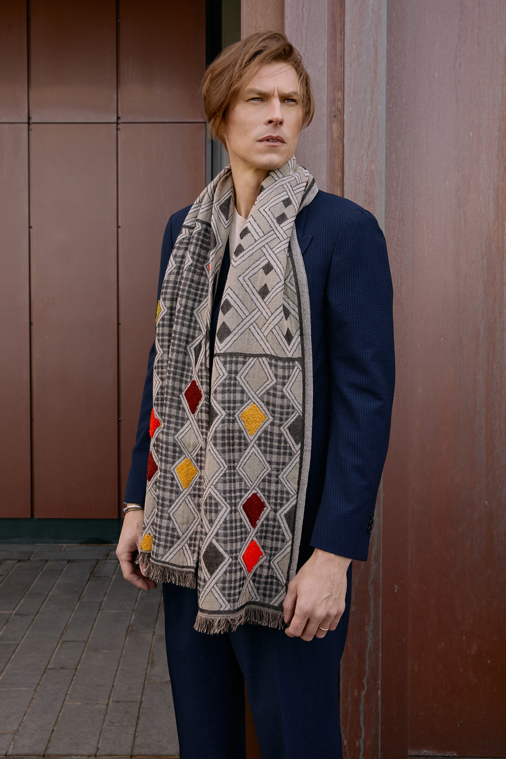 Handmade Embroidered Argyle Scarf | Beige