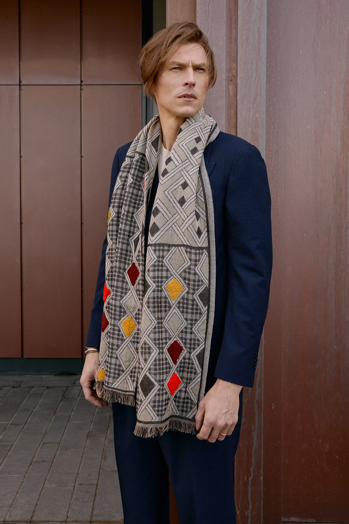 Handmade Embroidered Argyle Scarf | Beige