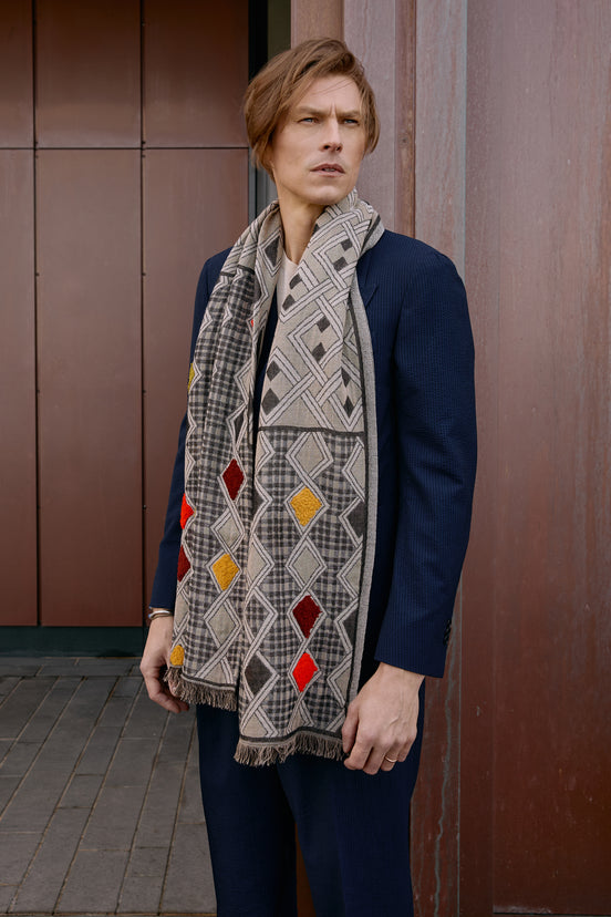 Handmade Embroidered Argyle Scarf | Beige
