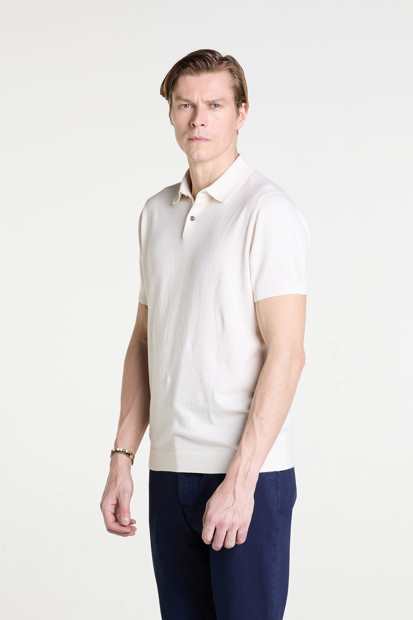 Cream Knitted Polo in Superfine Cotton