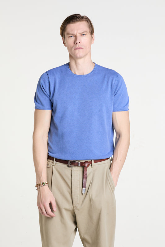 Royal Blue Knitted T in Stone Washed Superfine Cotton