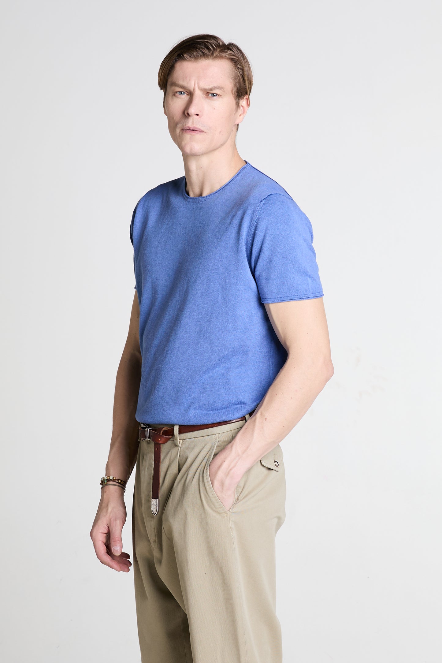 Royal Blue Knitted T in Stone Washed Superfine Cotton