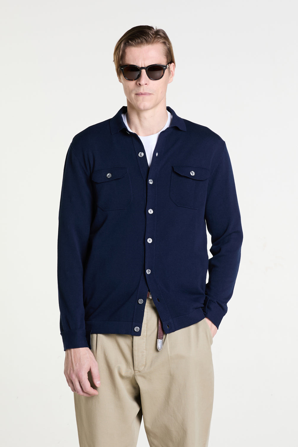 Knitted Overjacket in Navy Superfine Cotton Crèpe