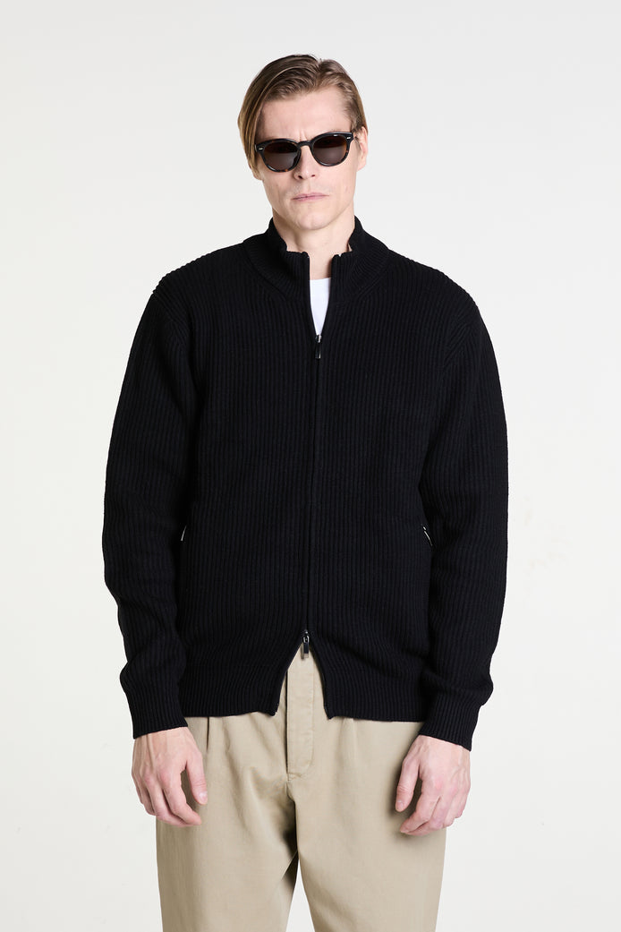 Zipped Turtleneck Sweater in Black Ribbed Cashmere