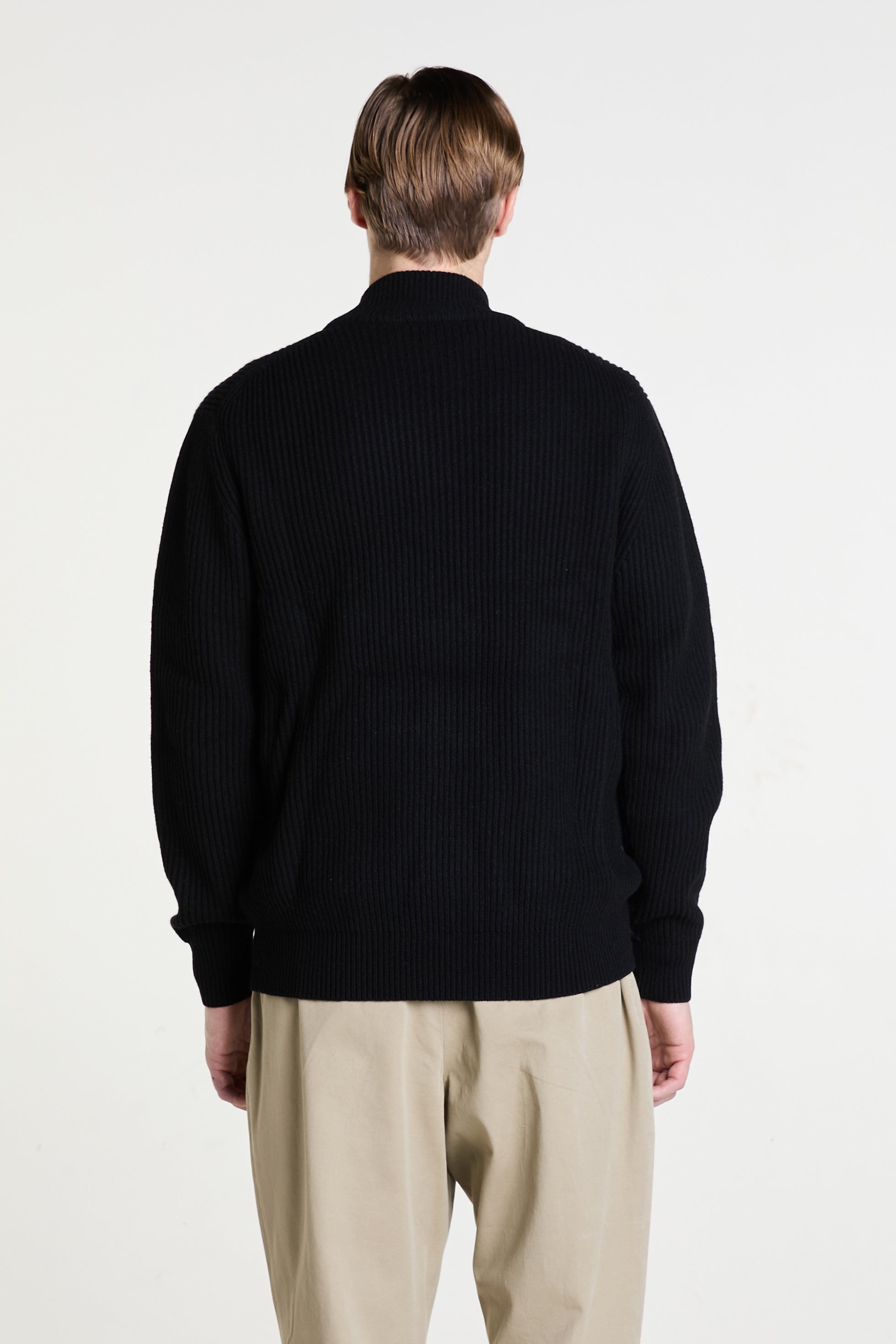 Zipped Turtleneck Sweater in Black Ribbed Cashmere
