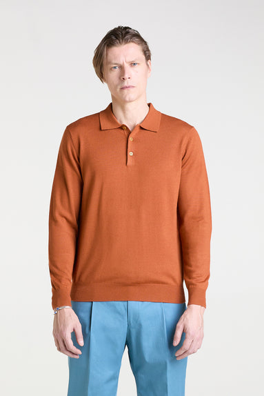 Long Sleeved Polo in Orange Merino Wool