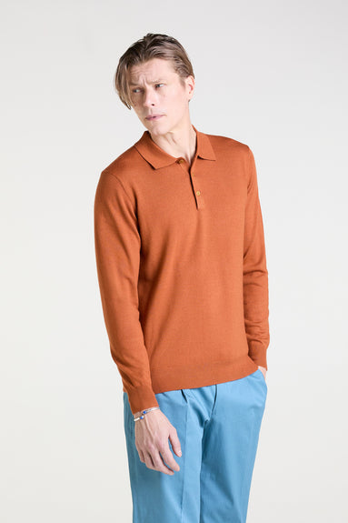 Long Sleeved Polo in Orange Merino Wool