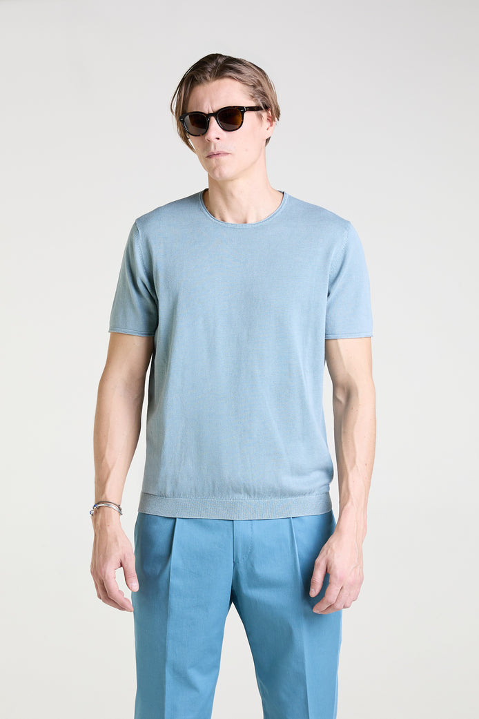 Knit T-shirt in Turquoise Stone Washed Superfine Cotton