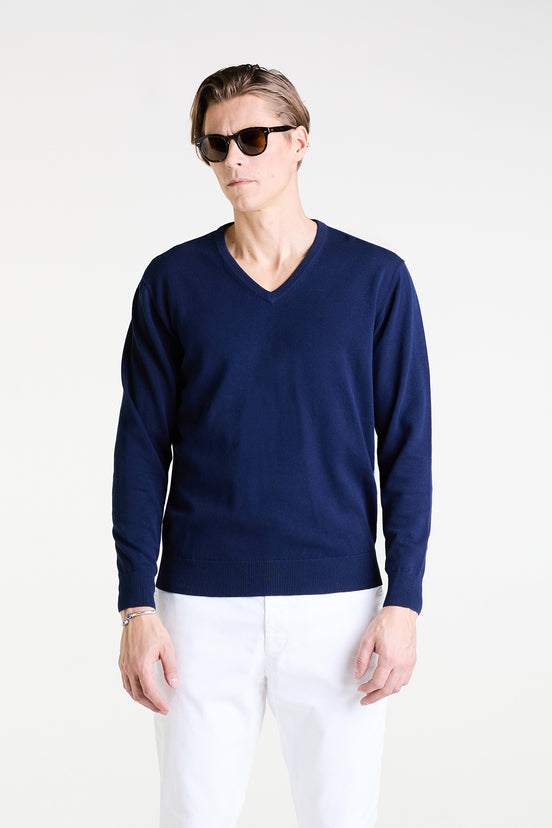 V-Neck Sweater in Navy Superfine Cotton