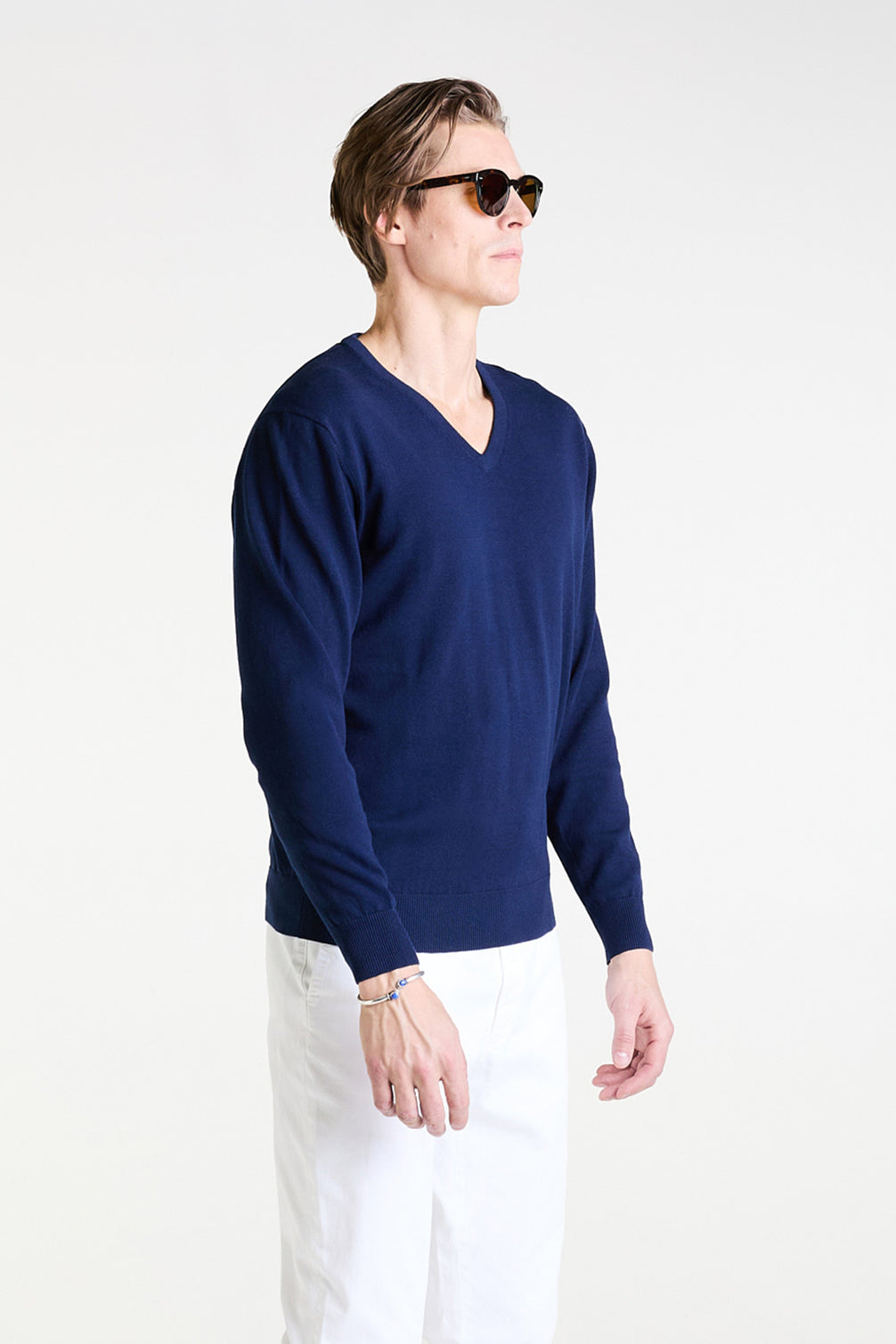 V-Neck Sweater in Navy Superfine Cotton