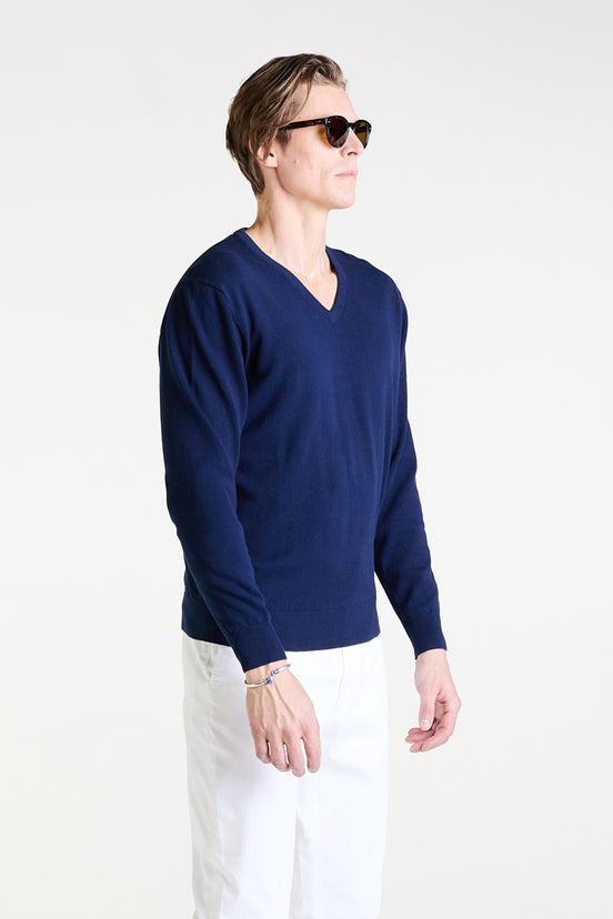 V-Neck Sweater in Navy Superfine Cotton