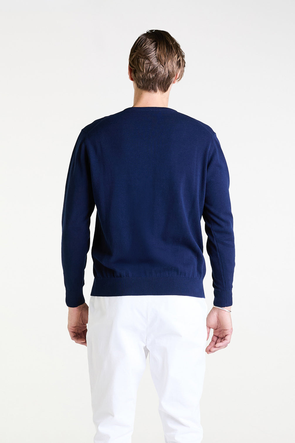V-Neck Sweater in Navy Superfine Cotton
