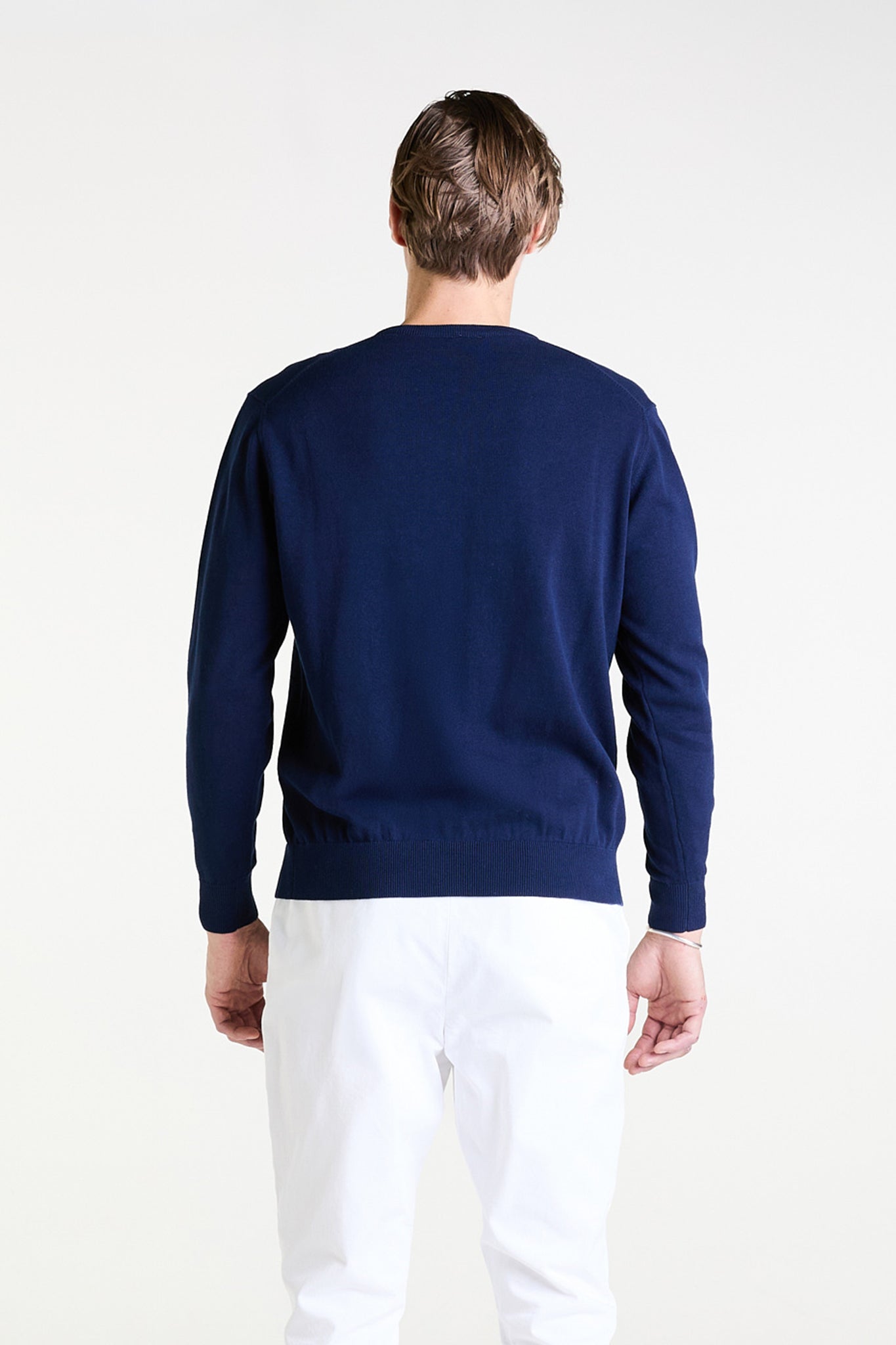 V-Neck Sweater in Navy Superfine Cotton