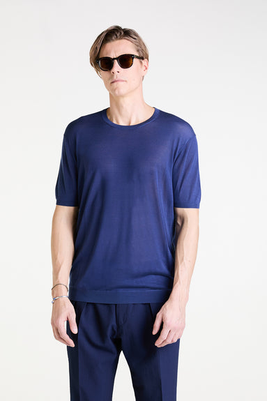 Knit T-shirt in Indigo Blue Ultrafine Silk