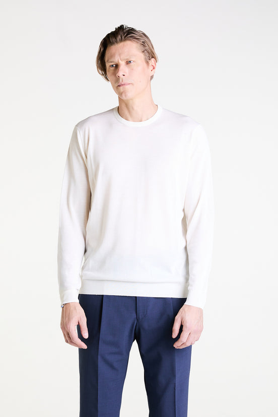Crewneck Sweater in White Ultrafine Merino, Cashmere and Silk