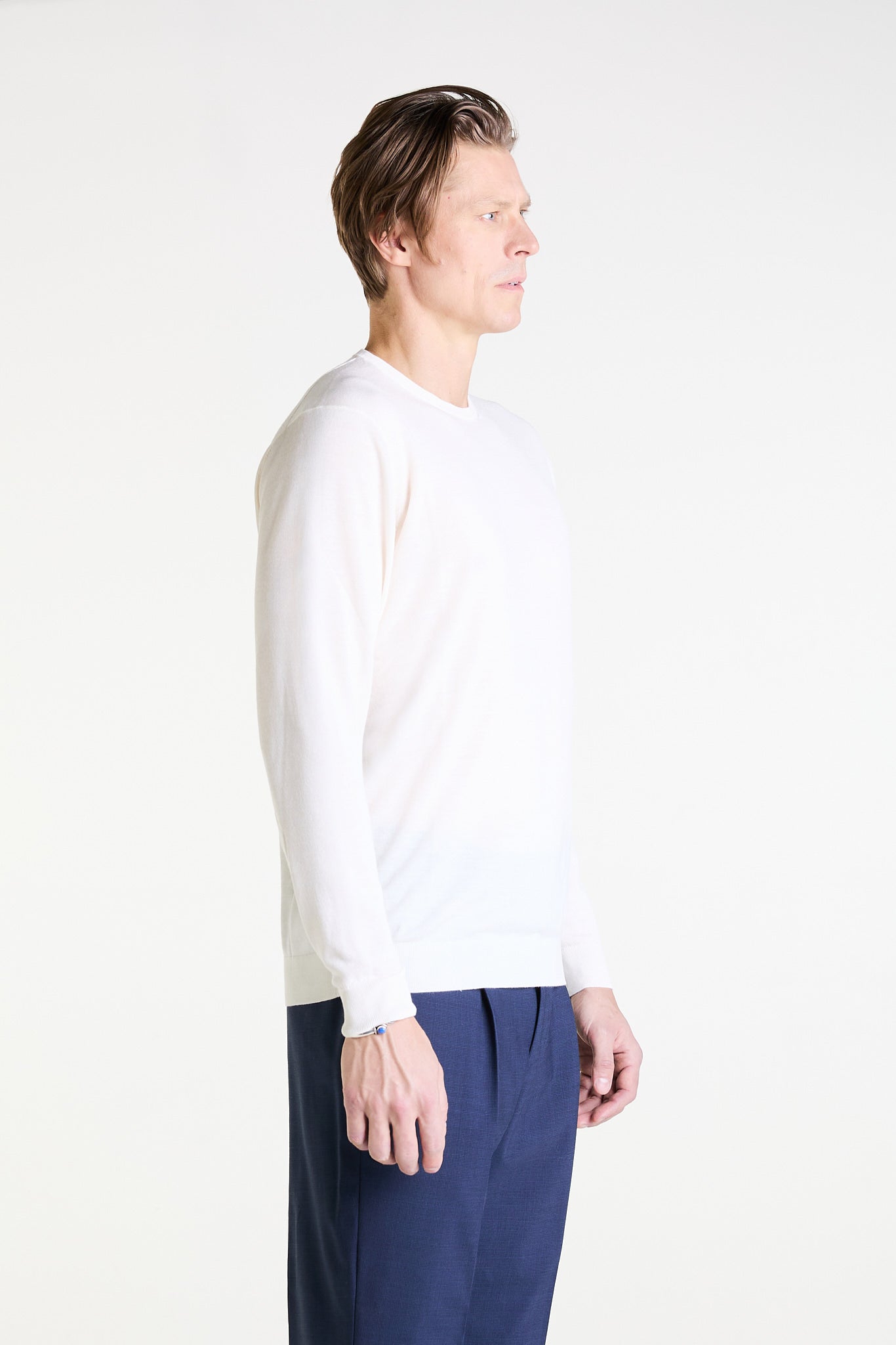 Crewneck Sweater in White Ultrafine Merino, Cashmere and Silk