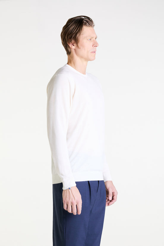 Crewneck Sweater in White Ultrafine Merino, Cashmere and Silk