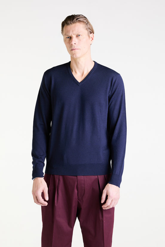 V-Neck Sweater in Navy Merino Wool