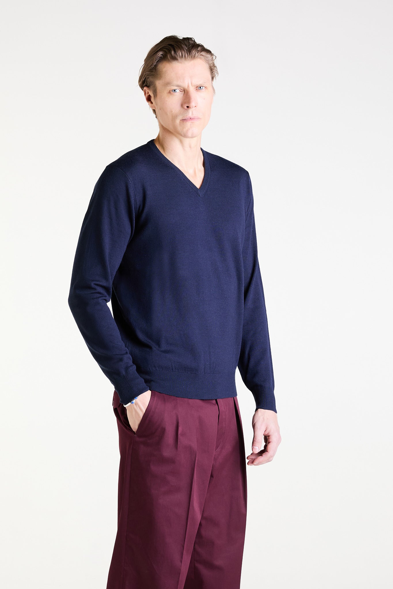 V-Neck Sweater in Navy Merino Wool