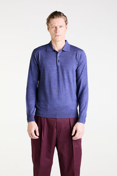 Long Sleeved Polo in Light Indigo Merino Wool