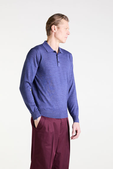 Long Sleeved Polo in Light Indigo Merino Wool
