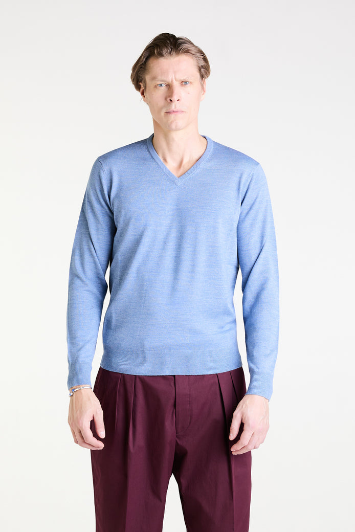 V-Neck Sweater in Light Denim Merino Wool