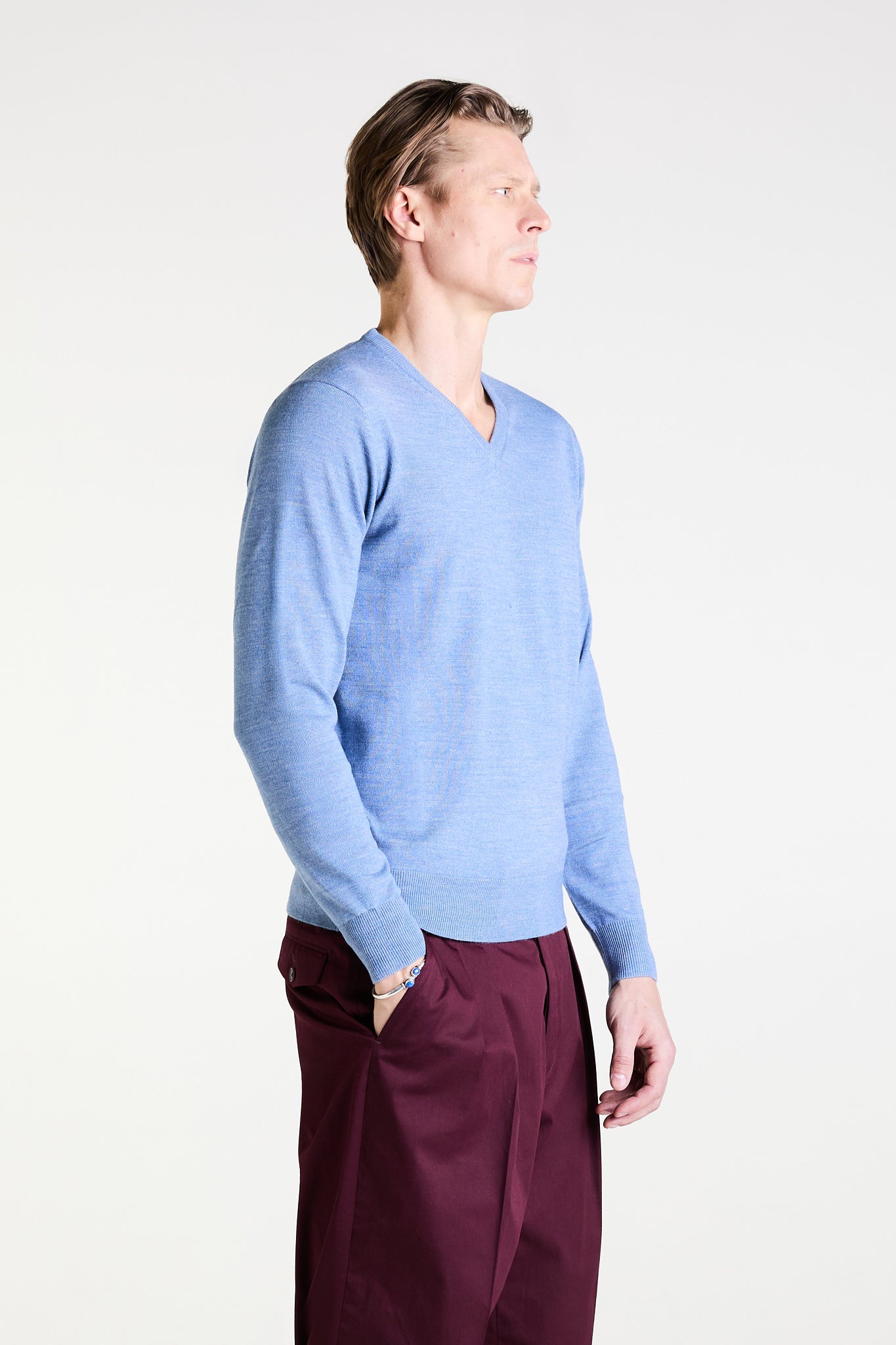 V-Neck Sweater in Light Denim Merino Wool