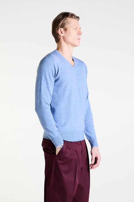 V-Neck Sweater in Light Denim Merino Wool