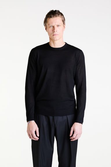 Crewneck Sweater in Black Ultrafine Merino, Cashmere and Silk