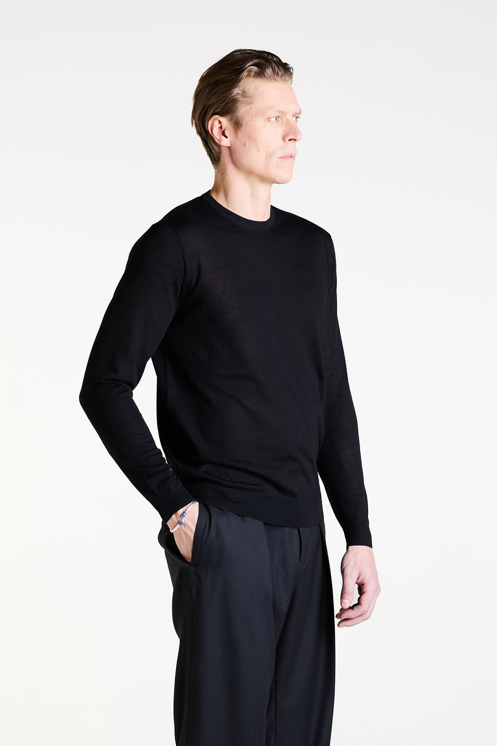 Crewneck Sweater in Black Ultrafine Merino, Cashmere and Silk