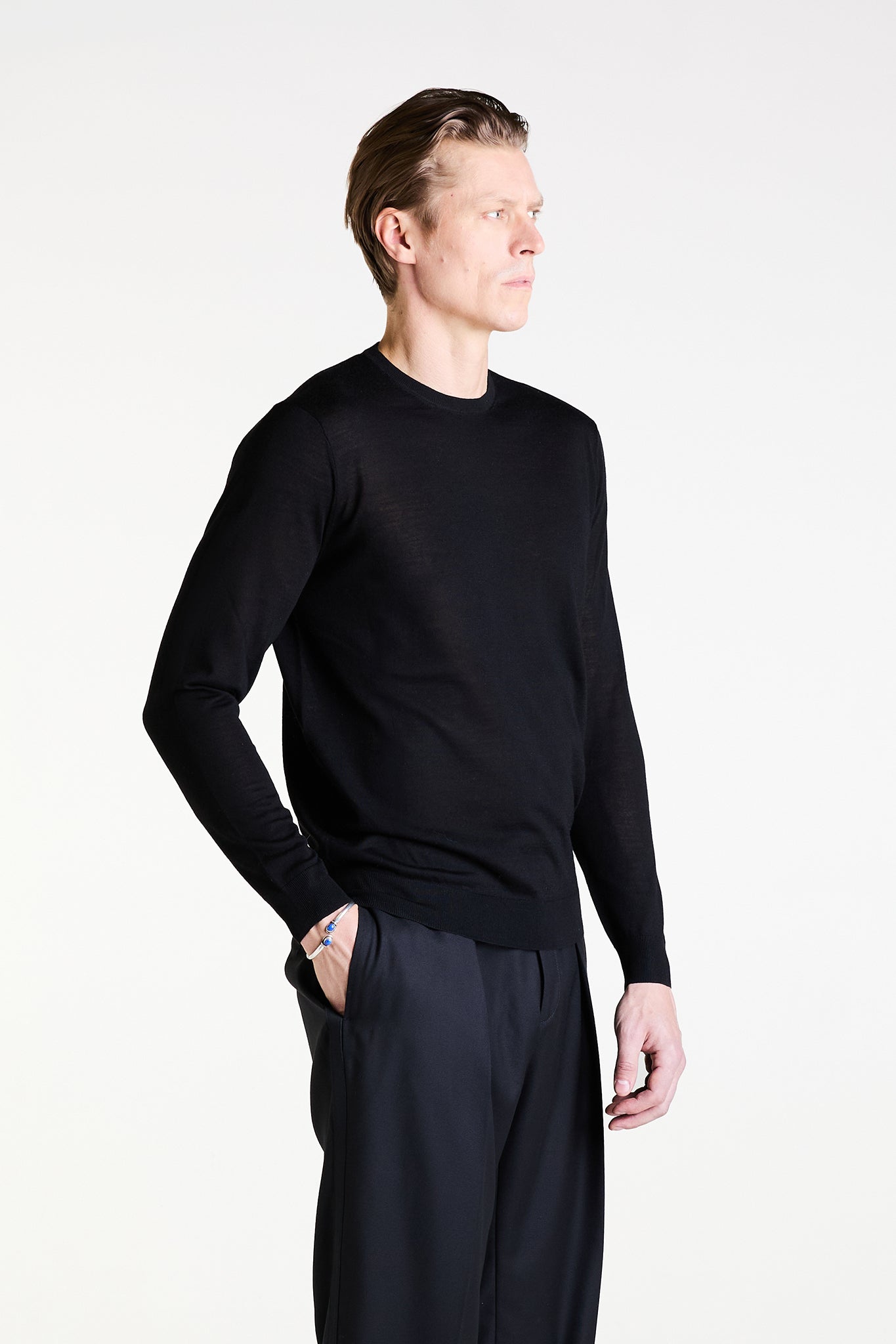 Crewneck Sweater in Black Ultrafine Merino, Cashmere and Silk