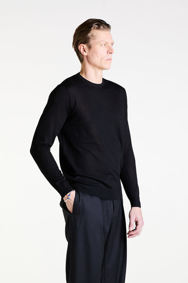 Crewneck Sweater in Black Ultrafine Merino, Cashmere and Silk
