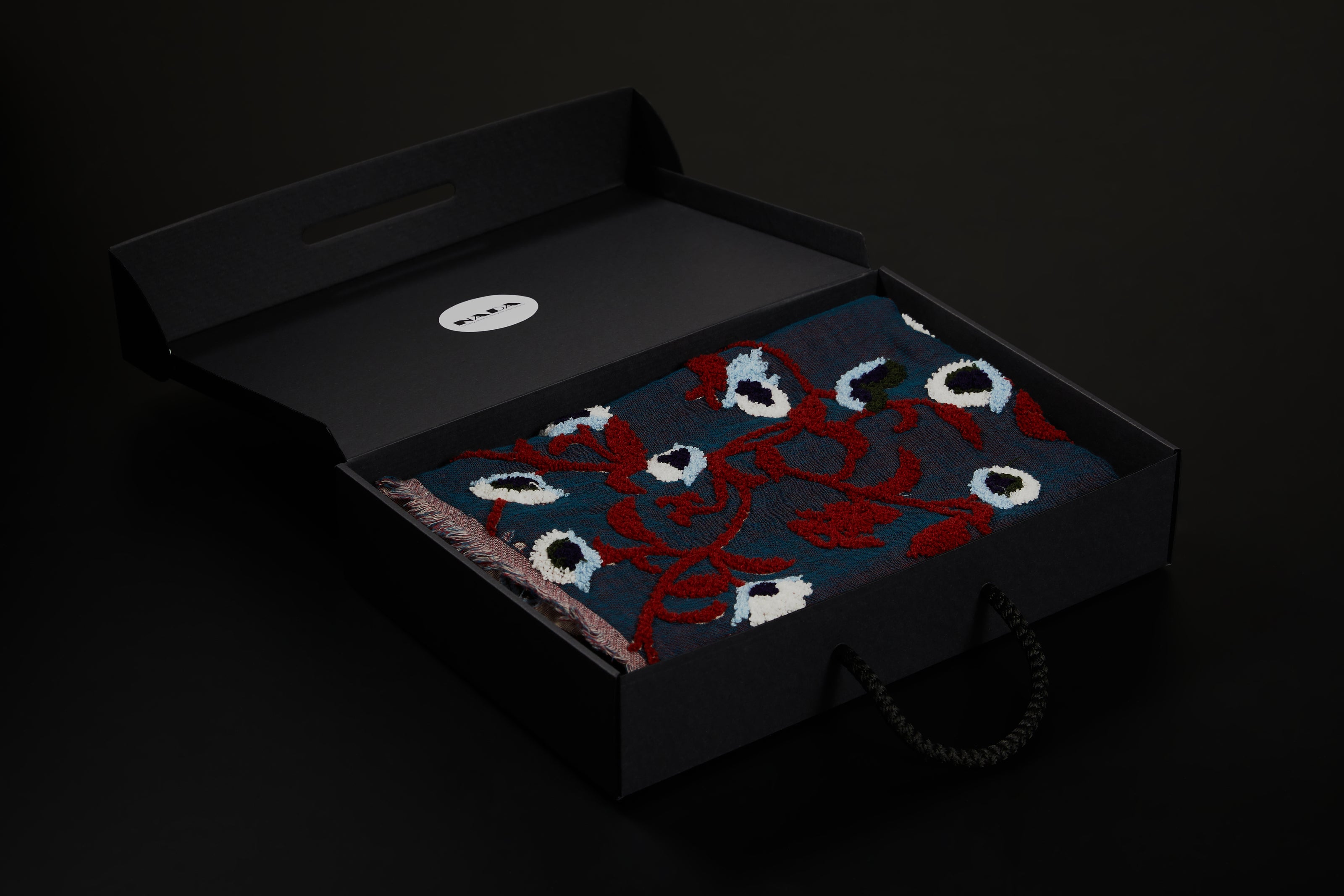 Handmade embroidered floral scarf | Navy