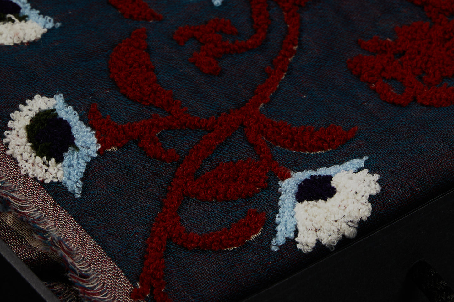 Handmade embroidered floral scarf | Navy